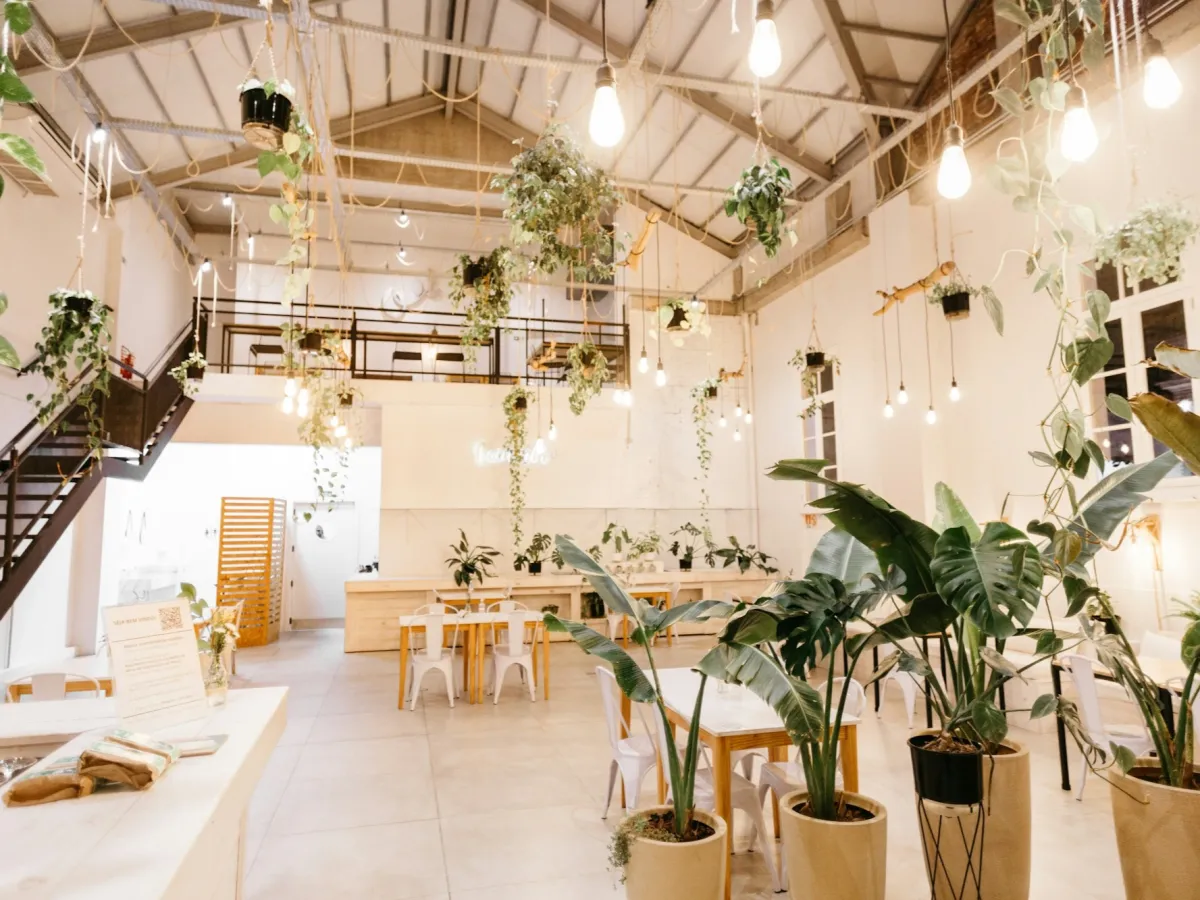 Cafetería con plantas y muro verde